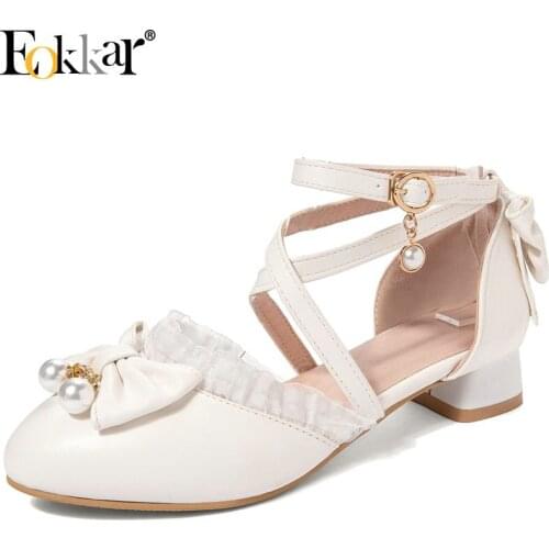 Eokkar 2020 Women Cross Cross Strap Pumps Low Heel Cosplay Lolita Shoes Pumps Pearl Women Casual Pumps with Bow Tie Size 34-45