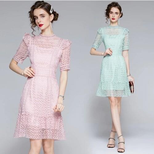 JSXDHK 2021 New Arrival Summer Lace Mermaid Dress Elegant Women Ruffles Hollow Out Pink Green Short Sleeve Bodycon Party Dresses