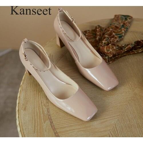 Kanseet Women Pumps 2021 New Solid Colors Genuine Leather Spring Autumn Shallow Square Toe Buckle Strap High Heels Shoes Woman