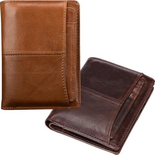 Genuine Leather Wallet Men Top Grain Cow Leather Purse Male with Card holders Note Compartment Short Mens Wallet Brown