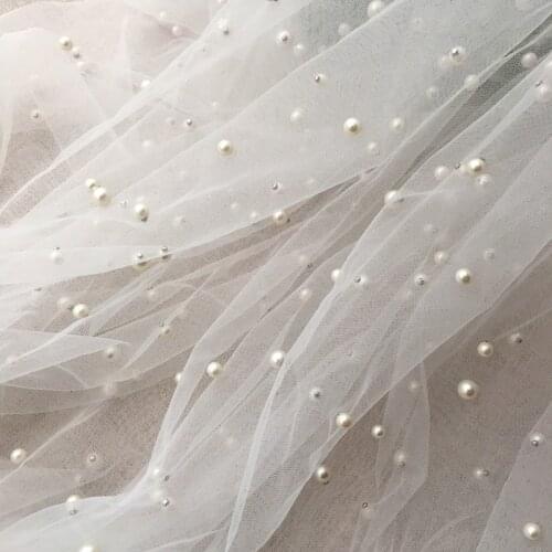 1meter 150cm Pearl Embroidery Lace Fabric Mesh Skirt Beads Lace Trims Bridal Veil Wedding Dress Curtain Sewing Accessories