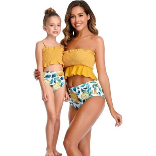Parent-Child Girl Swimsuit Swimwear Two Pieces High Waist Swimsuit Bikini Tankini Beachwear for Kids Women Mother Daughter Swim