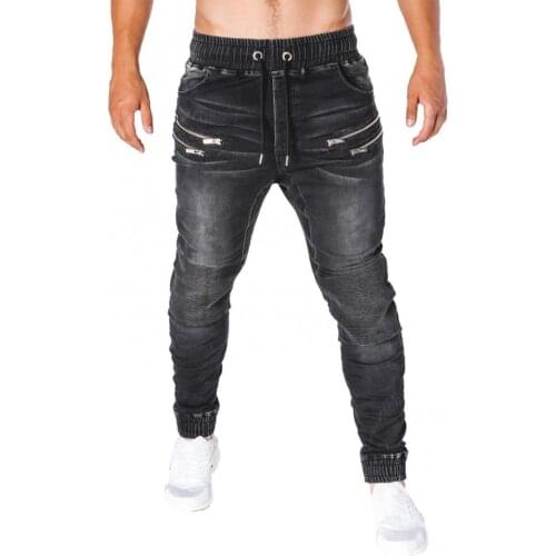 Men Casual Zipper Drawstring Pockets Running Skinny Pants Jeans Jogger Long Trousers Outwears Slim Pants High Quality Jeans
