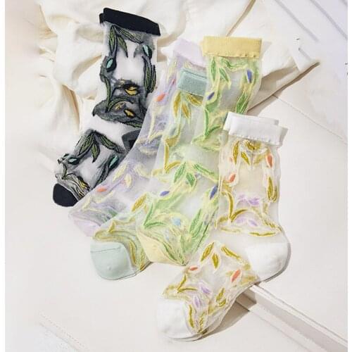 1Pair Glass Silk Women Socks Summer Ultra-thin Transparent Short Socks Casual Flower Female Socks