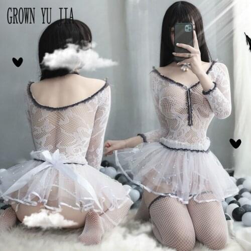 Porno Hollow Out Long Sleeve Dress Sexy Fishnet Bodysuits Sex Net Skirt Erotic Costume Hot Babydoll Lingerie Stocking Garter Set