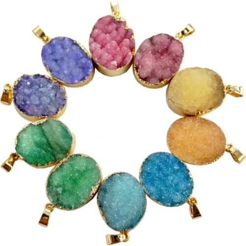 Oval Natural Gem Crystal Pendants Charms Druzy Drop Pendants Pendulum Chakra Natural Stone Pendants for Jewelry Making 16mmx20mm
