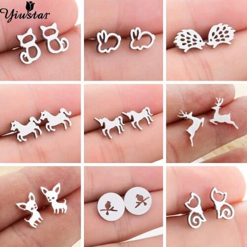 Cute Stainless Steel Fox Earrings Women pendientes mujer Animal Bird Deer Chihuahua Stud Earrings Girls Hip hop Earring Jewelry