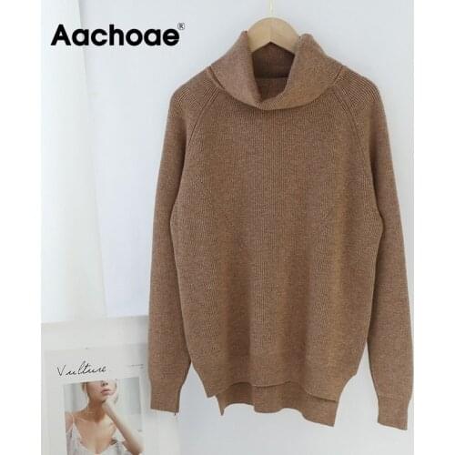 Aachoae Solid Pullover Sweater For Women Casual Office Turtleneck Sweaters Lady Hem Split Batwing Sleeve Loose Base Tops Sueter