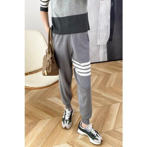 Spring Women Fashion Knited Trousers Vintage Middle Waist All-match Loose Pants Retro Loose Trousers Comfort Stripe