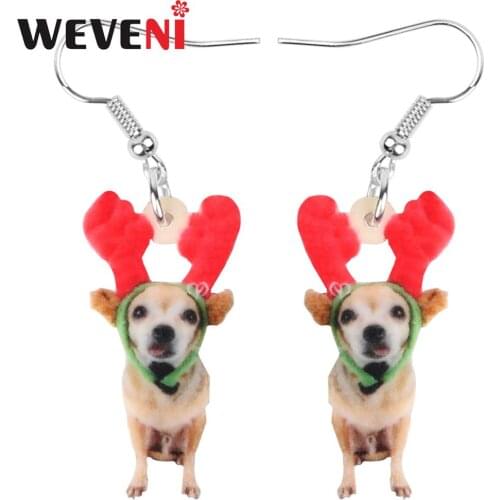 WEVENI Acrylic Christmas Antlers Chihuahua Dog Earrings Drop Dangle Animal Jewelry For Women Girl Teen Kid Party Decoration Gift