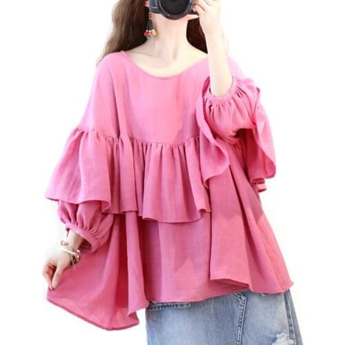 Korean Women Loose Cotton Linen Blouse Sweet Mori Girl Ruffles Lantern Sleeve Pullover Doll Shirt Princess Blusas Femininas Tops