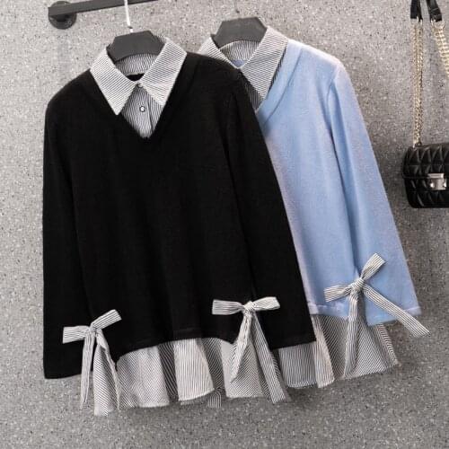 False Two Piece Bow Long Sleeved Knitted Plus Size Korean Autumn Elegant Fashion Blouses And Tops WomenS Oversize Shirts 2021