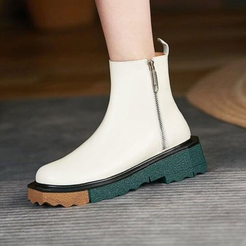Females Ankle Boots Side Zipper Solid Color Leather Slip On Square Heels Round Toe Flat Platform Ladies New Casual Noble Shoes
