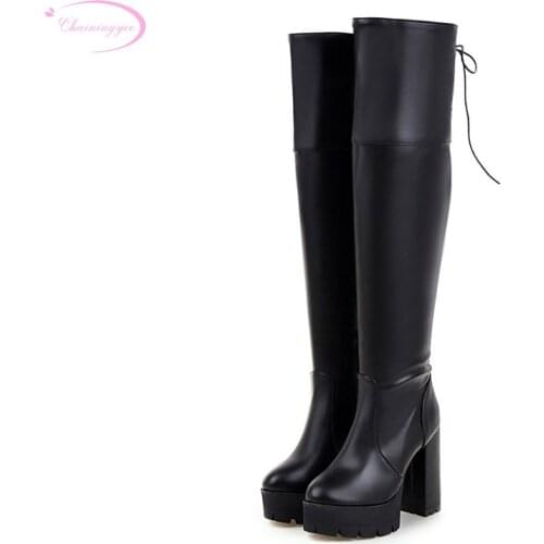 Chainingyee street round toe over knee high boots zipper belt buckle platform white high with thick heel womens riding boots