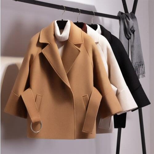 Womens short wool coat belt jacket new petite short woolen coats female autumn winter woolen coat overcoat student cloak