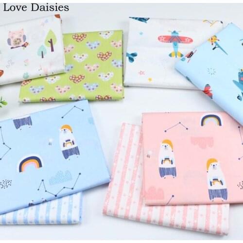 100% Cotton Fabric Cartoon WHITE GREEN BLUE PINK Jungle Heart Fighter Constellation Bear Stripe Star for Kids Bedding Apparel