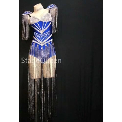 4 Colors Crystals Epaulet Leotard Sexy Dance Sparkly Tassel DS Outfit Celebrate Bodysuit Costume Stage Party Singer Dance Wear