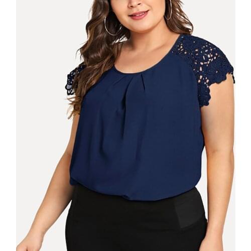 40# Fashion Blouses Womens Plus Size Solid O-neck Floral Lace Shoulder Shirt Tops Blouse Womens Clothing Blusas Женская Одежда