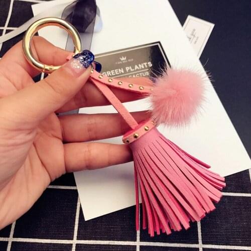New Real Mink Fur Ball 4cm Pompom Keychain Car Keyring Leather Tassel Keychain Fur Brand Pompons Bag Charms with Chains Keyring