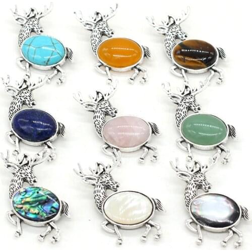 Natural Stone Rose Quartzs Tiger Eye Stone Brooch Metal Cute Deer Shape White Shell Brooch Scarf Pins For Women Jewelry 50x53mm