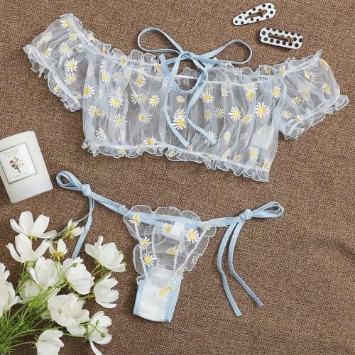 Women Perspective Lingerie Set Embroidery Lace Bowknot Strapless Bra Thong Set Temptation Underwear Sleepwear Nightwear lenceria