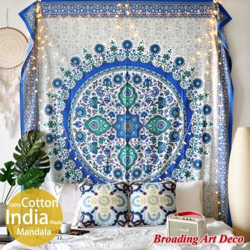 100%Cotton Handmade Mandala Tapestry Wall Hanging "Blue Sunflower" Screen Print in India Boho Yoga Tapestries Bedsheet 210x230CM