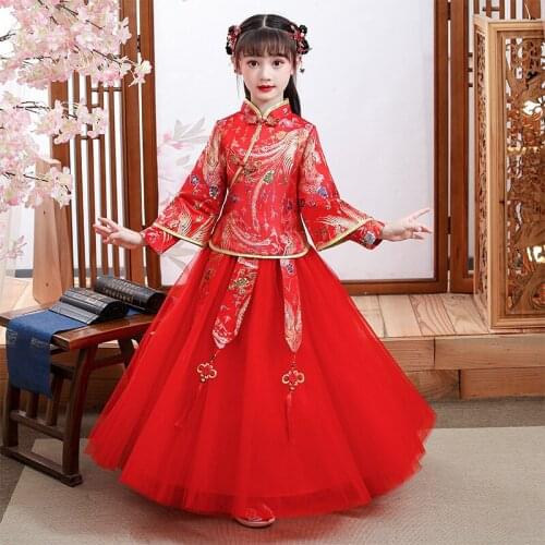 Red Chinese Style Flower Girls Dresses Lovely kids Dresses Girls Cheongsam Baby Elegant Clothes Traditional New Year Dress
