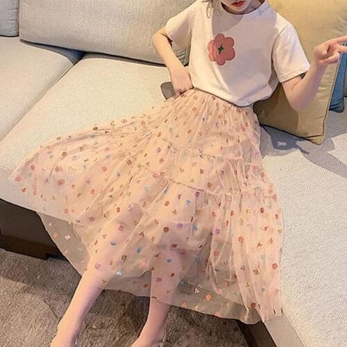 Summer Girls' Clothes Sets Fashionable Flower Short-Sleeved T-Shirt Top+Mesh Skirt Big Kids ChildrenS Clothing Sportswear 4-13Y