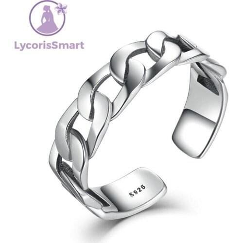 LycorisSmart Simple Strackable Twine Chain Pattern Rings Cuff Open Adjustable 925 Sterling Silver Ring for Woman Jewelry