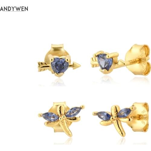 ANDYWEN 925 Sterling Silver Gold Purple Blue Heart Butterfly Stud Earring Women Fashion Fine Tiny Jewelry 2020 Piercing Clips