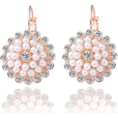 New Fashion Crystal CZ Rose Gold-Color Elegant Round White Pearl Earrings With Gift Wedding Earrings Jewelry