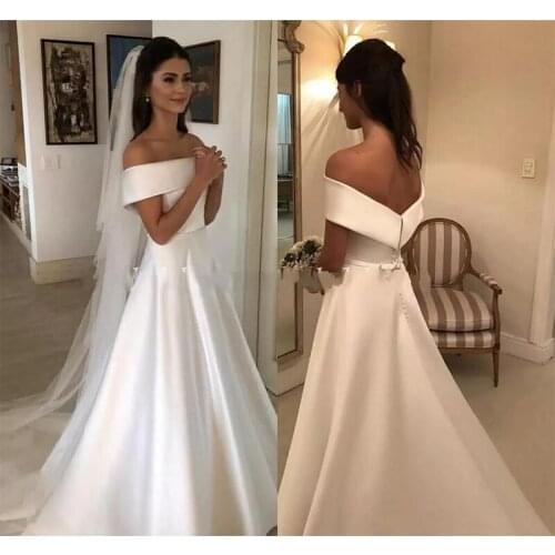 Charming Simple Garden Wedding Dresses 2019 Off Shoulder Ribbon Back With Button A Line Sweep Train Satin Bridal Gowns Cheap