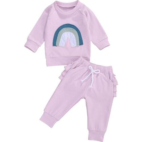 Newborn Baby Girl Clothes Newest Shirt Pants Suit Rainbow Printed O-Neck Long Sleeve Lace-up Layered Ruffle 2Pcs Outfits Clothes
