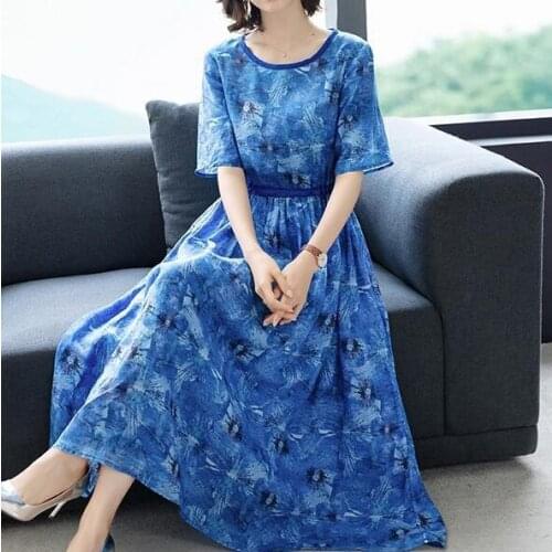 Dress early spring 2021 new female high-end plus size cotton, linen linen long dress A-LINE Ruffles Ankle-Length O-Neck