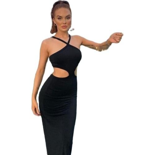 Sexy Dress Women Party Night Club Wear Cross Neck Design Sleeveless Bodycon Midi Dress Open Back and Cutouts At The Waist