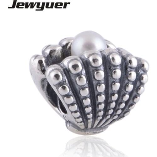 Memnon 925 Sterling Silver Shell with White Pearl Gift Thread Screw Charms Bead, fit charm Bracelet Jewelry DIY Making LW322