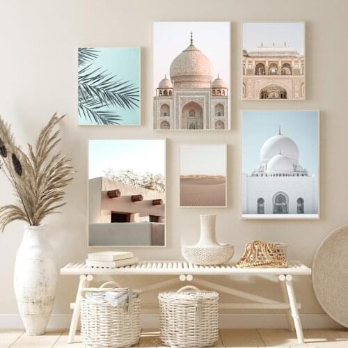 Modern Fresh Home Decor Canvas Painting Bedroom Living Room Art Wall Printing Poster Nordic Desert Building Green Plant Picture