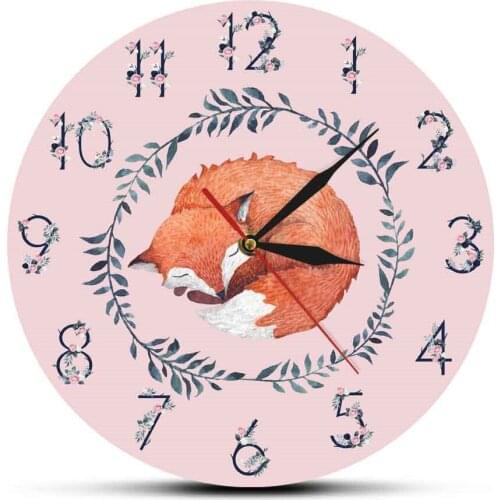 Sleeping Fox With Floral Numbers Large Acrylic Wall Hanging Clock Flower Numerals With Pink Background New Nordic Fashion Watch
