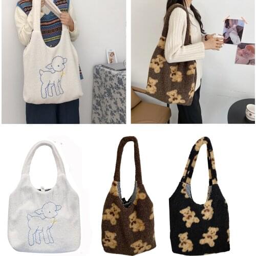 Fabric Shoulder Tote Bag Large Capacity Soft Shopping Bags Girls Cute School Bag Women Plush Bear Handbags