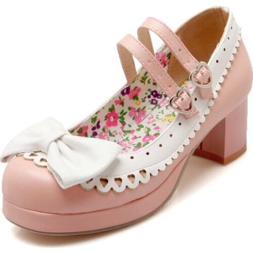 Sweet Princess Party Shoes Solid Leather Women Pumps Cosplay Rabbit Thick Heels Buckle Straps Platform Lolita Cosplay Shoes