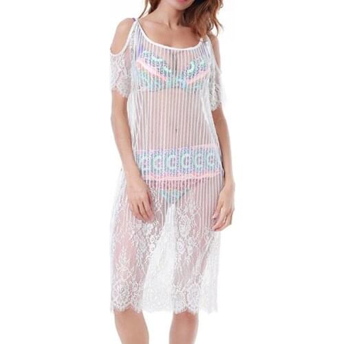 Female Lace See-Through Beach Cover Up Rayon Print Swimwear Women Sexy Off Shoulder Beach Long Dress Beach Tunic Long Kaftan