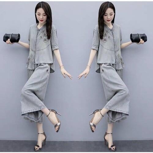 Womens Leisure Outfits 2021 New Summer Clothes Fashion National Style Denim Crop Top And Wide Leg Pant Two Piece Set For Women