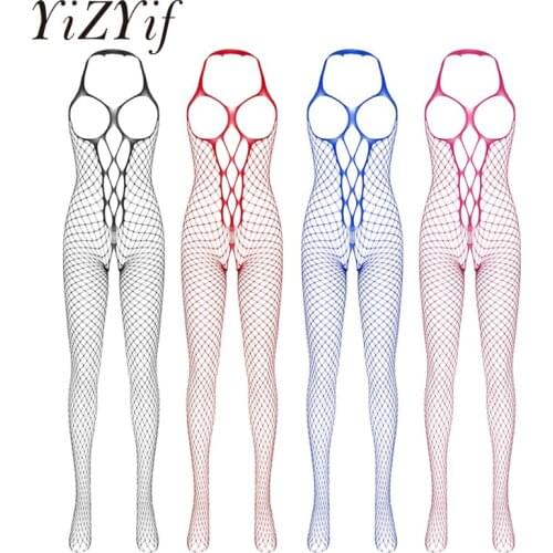 Women Open Cup Body Stockings Hollow Out Netted Lingerie Bodysuit Halter Neck Crotchless Closed Toes Stretchy Full Body Stocking