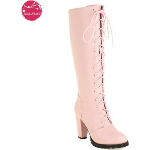 Womens Knee High Laced Boots With Zipper On Side Fashion Winter Boot For Ladies Lolita Cosplay Princess Pink Red White