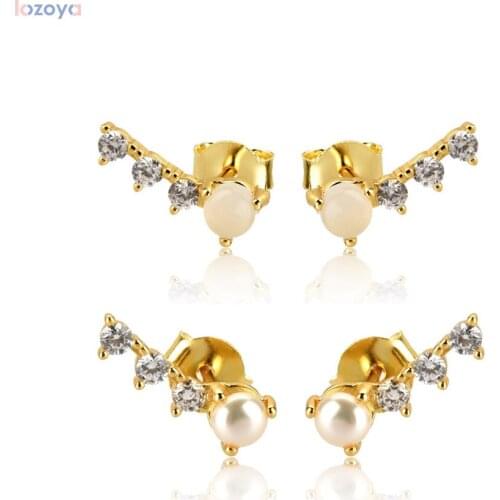 LOZOYA 925 Sterling Silver Round Milk Pearl Line Stud Earring Women Queen Crystal Zircon CZ Fine Jewelry For 2020 Fashion Jewel