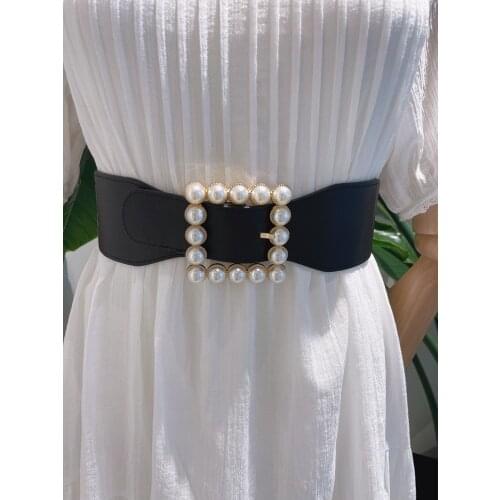 2020 New PU Imitation Leather Retro Smooth Big Pearl Square Buckle Fashion Casual Elastic Ladies Decorative Belt