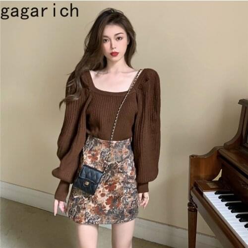 Gagarich Women Knit Sweater Autumn Winter Short Long-sleeved Square Collar Female Outside Wearing Lantern Sleeve Sexy Pullover