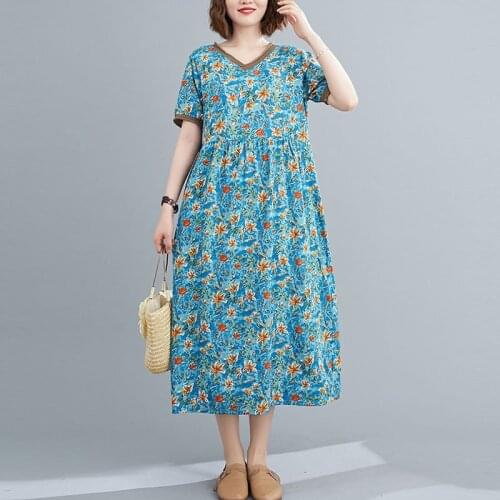 Women Summer Cotton Casual Dress New 2021 Arts Style Vintage V-neck Floral Print Loose Comfortable Female Long Dresses S3141