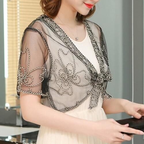 Women Summer Elegant Vintage Embroidery Short Sleeve Open Stitch Pattern Lace Up Black White Beige Ponchos And Capes 9918