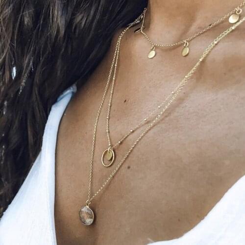 3 Pcs/Set Women Pendant Necklaces Retro Crystal Round Gold Multilayer Necklace Beach Choker Party Jewelry Accessories